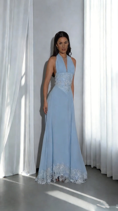 Classy Blue Halter Chiffon Lace Beaded Mermaid Evening Dress Backless Long Prom Gowns SP1814