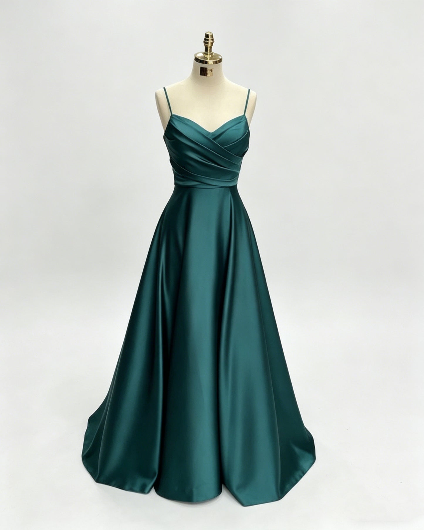 Green Women Satin Cheap Prom Dresses A Line Spaghetti Straps Long Girls Formal Evening Party Gowns Christmas Wears  Y4578