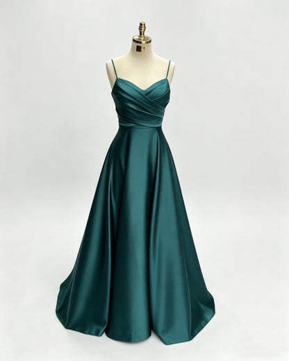 Green Women Satin Cheap Prom Dresses A Line Spaghetti Straps Long Girls Formal Evening Party Gowns Christmas Wears  Y4578