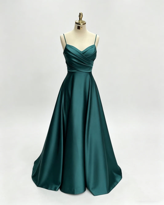 Green Women Satin Cheap Prom Dresses A Line Spaghetti Straps Long Girls Formal Evening Party Gowns Christmas Wears  Y4578