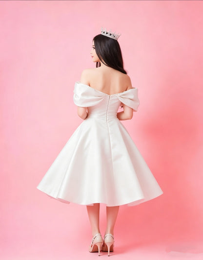 Cute White Off The Shoulder Satin Birthday Party Dress Sweet 15 Dress Short Prom Dress Y2583
