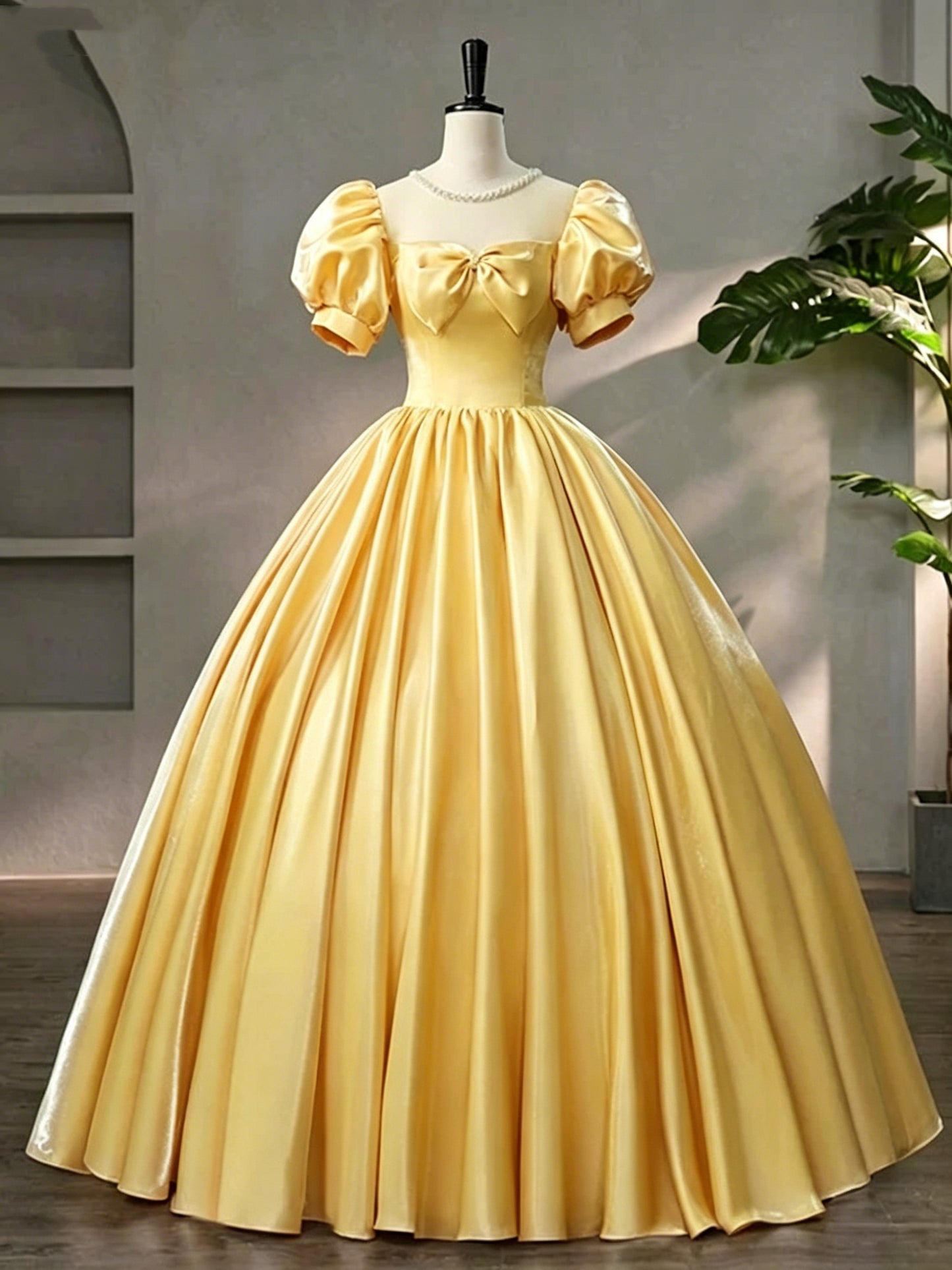 Beautiful Pink Scoop Neck Satin Floor Length Prom Dress, A-Line Short Sleeve Evening Dress with Bow Y6082