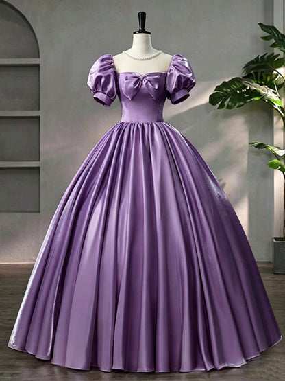 Beautiful Pink Scoop Neck Satin Floor Length Prom Dress, A-Line Short Sleeve Evening Dress with Bow Y6082