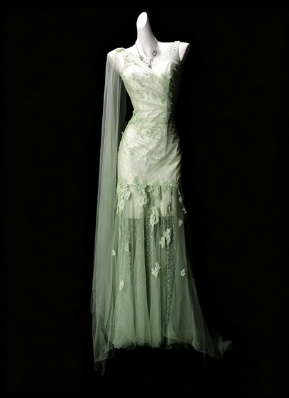 Pretty Green V Neck Tulle Lace Appliques Mermaid Party Dress Long Wedding Guest Dress SP3192