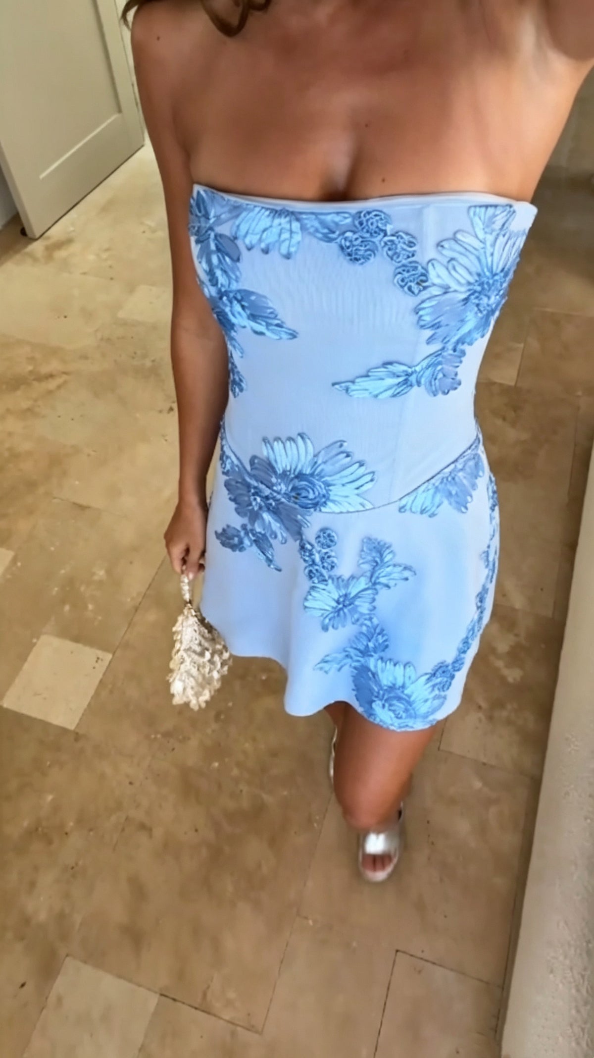Pretty Blue Strapless Satin Floral Sheath Short Homecoming Dress Birthday Outfits SP3815