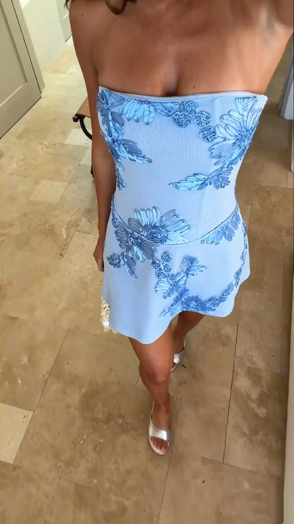 Pretty Blue Strapless Satin Floral Sheath Short Homecoming Dress Birthday Outfits SP3815