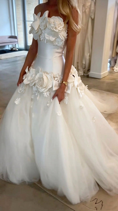 Pretty Strapless White Tulle 3D Flowers Long Wedding Dress SP4186