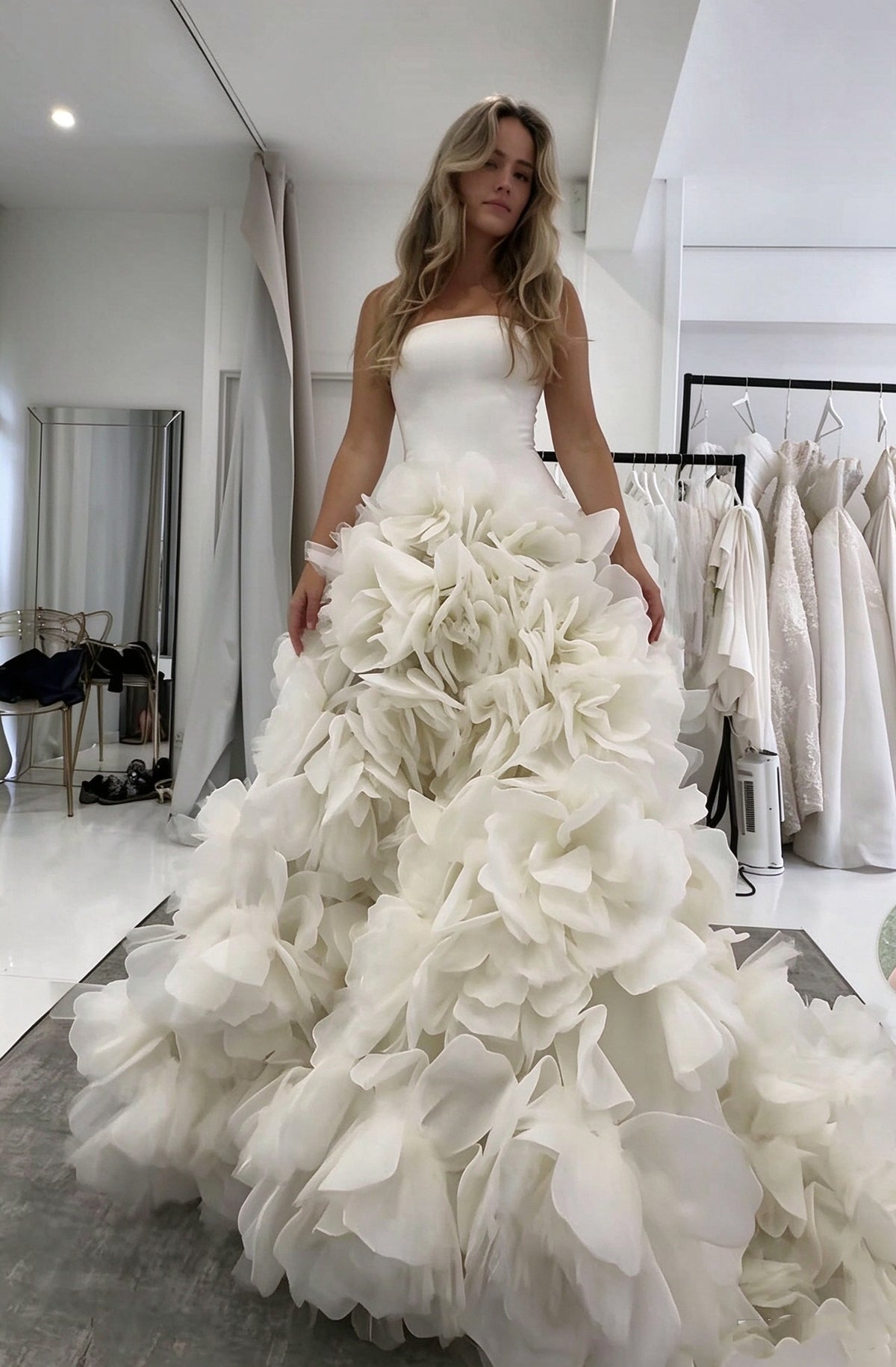 Pretty Strapless White Tulle Petals Long Wedding Dress SP4190
