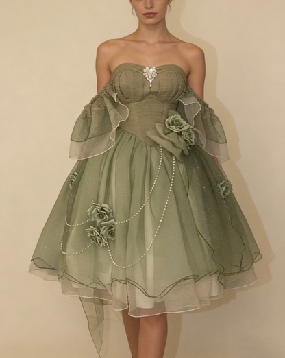 Classy Green Off Shoulder A-Line Floral Short Homecoming Dress Cute Mini Birthday Dress SP3786