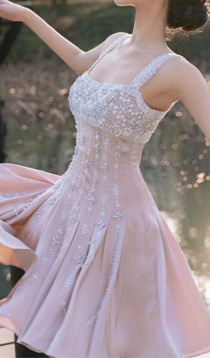 Luxury nude pink satin hand-beaded diamond homecoming dress Y4542