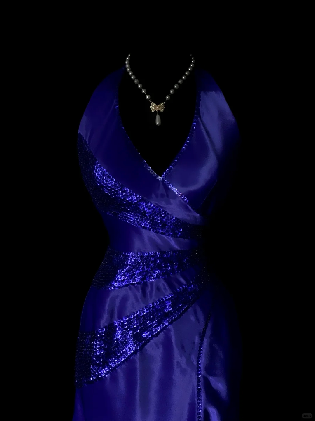 Elegant Halter V Neck Satin Sequin Mermaid Long Party Dress Blue Long Birthday Evening Dress SP4070