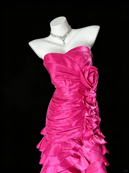 Vintage Hot Pink Satin Mermaid Party Dress Strapless Ruched Ruffled Asymmetrical Prom Dress SP2726