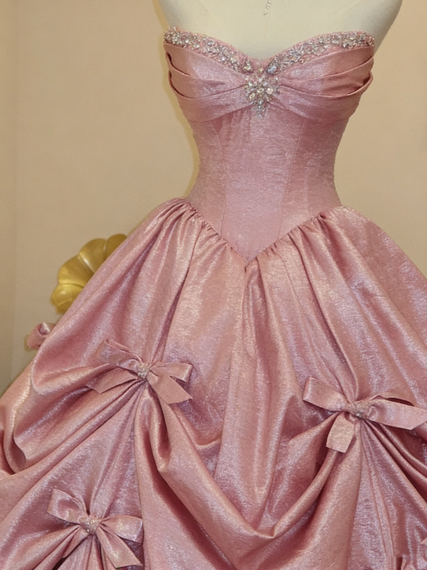 Charming Strapless Ball Gown Pink Satin Beaded Pleated Birthday Quinceanera Dress With Bow SP1877