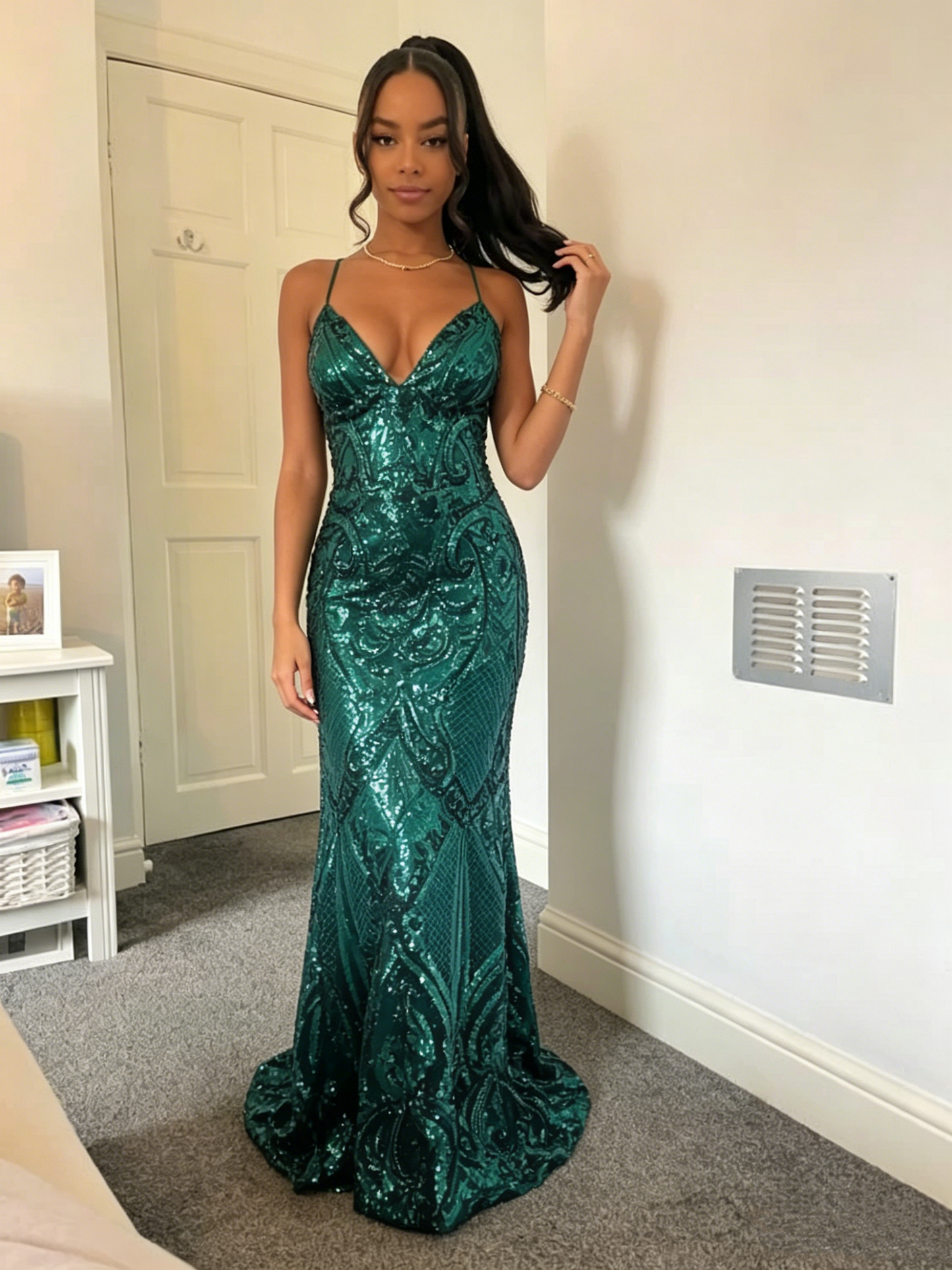Dark Green V Neck Glitter Mermaid Long Prom Dress Party Dress Y5976