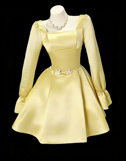 Cute Blue Square Neck Satin A Line Short Homecoming Dress Birthday Outfits SP1916