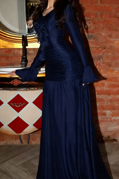 Elegant Olive Green V Neck Satin Pleated Mermaid Party Dress Long Wedding Guest Dress SP901