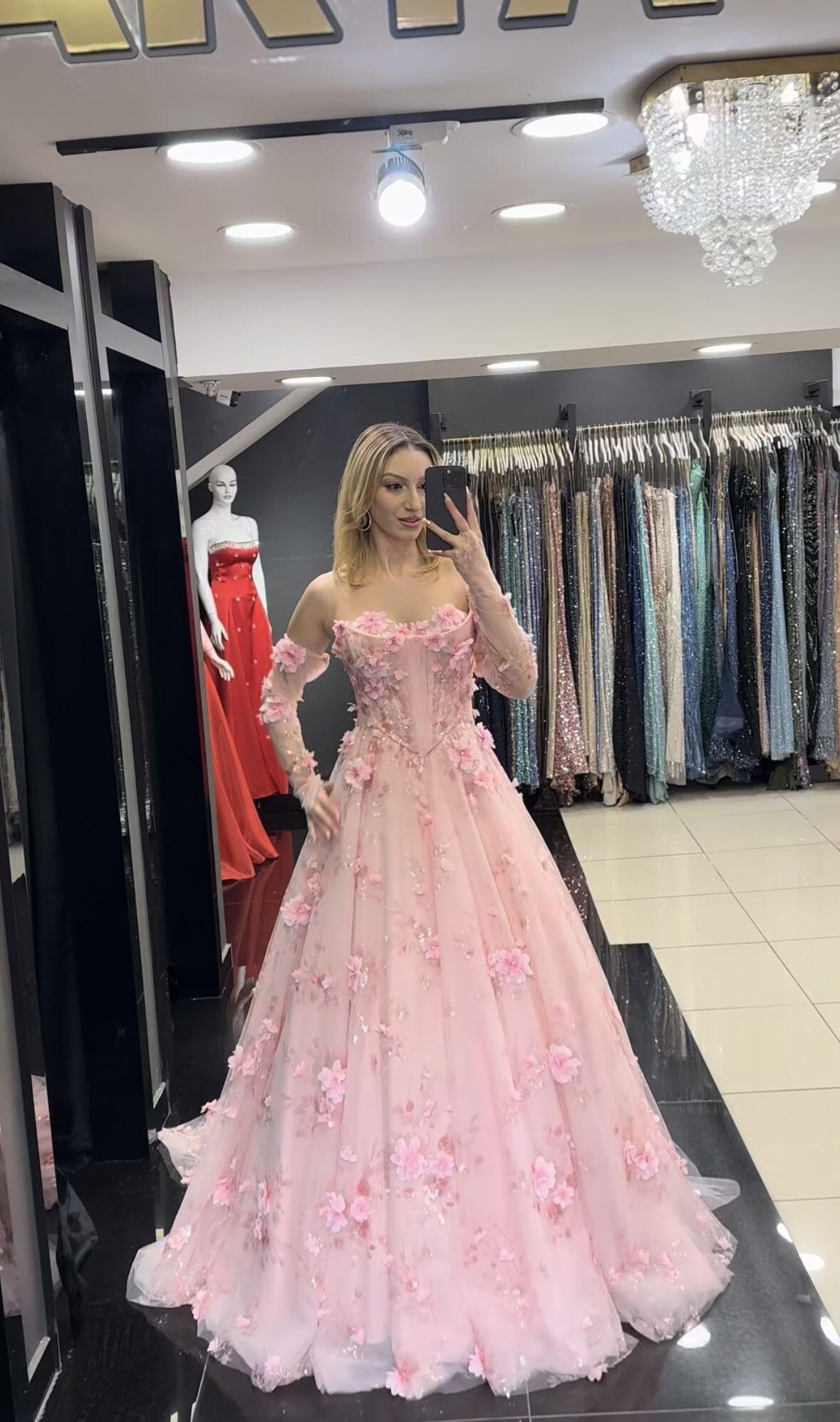 Sweet Pink Tulle Appliques Party Dress,Pink Long Birthday Prom Gowns SP2632