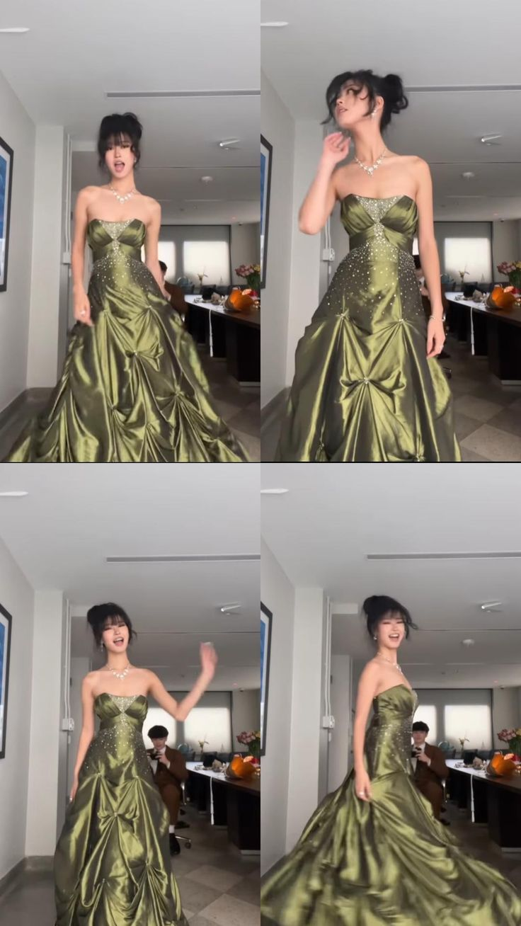 Pretty Strapless Green Satin Beaded Long Prom Dress Formal Brithday Dress Ball Gown Y7533