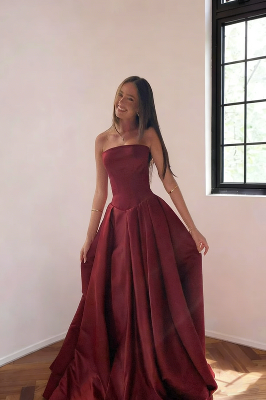 Classy Burgundy Strapless Satin Pleated Long Evening Dress Formal Wedding Guest Dress SP1732