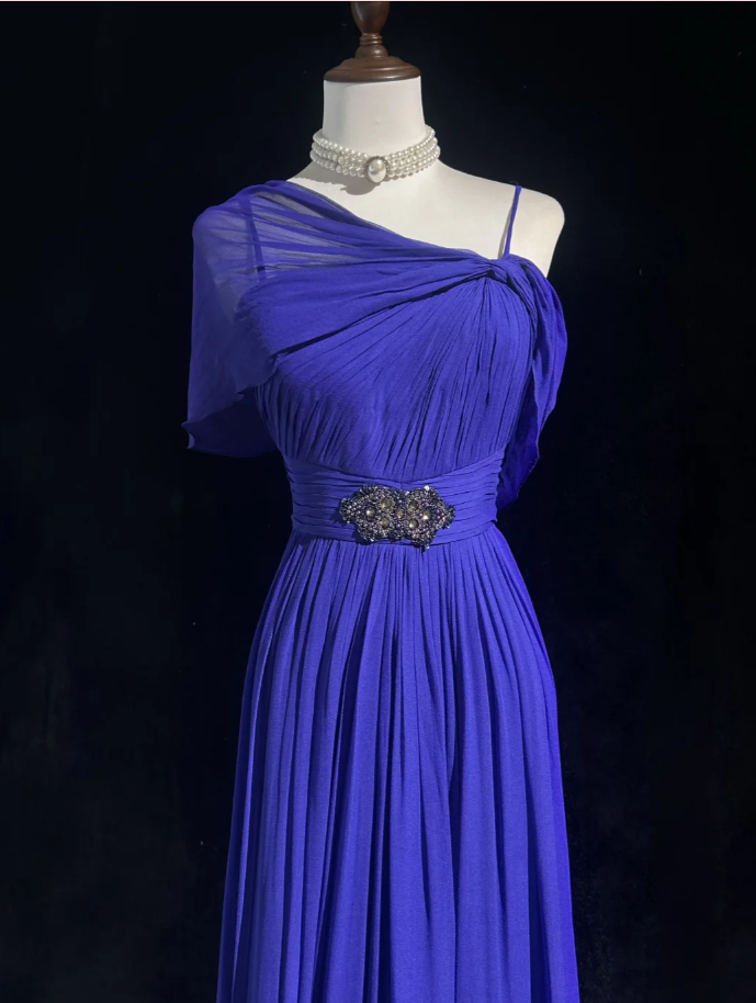 Classy Purple Spaghetti Straps Chiffon Pleated Beaded Long Party Dress Formal Wedding Guest Dress SP1865