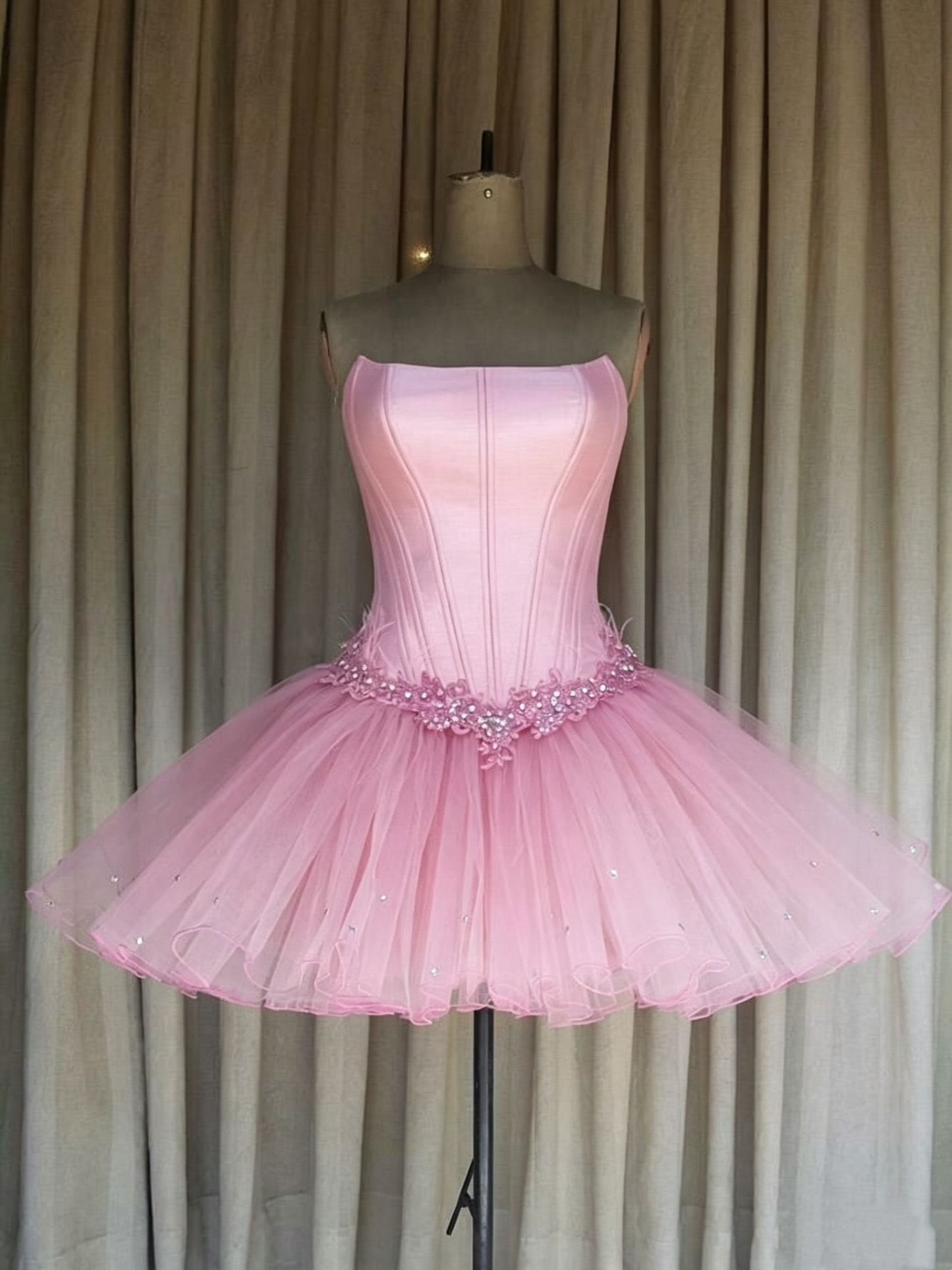 Pretty Strapless Satin Tulle A Line Short 16th Birthday Outfits,Pink Short Homecoming Dress SP3573