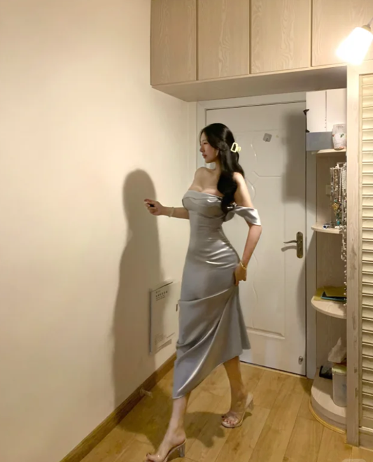 Stylish Strapless Silver Gray Satin Mermaid Bridesmaid Dress Long Party Gown SP296