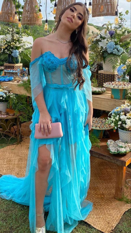 Off The Shoulder Blue Long Prom Dress,Charming Blue Evening Dress Y2395