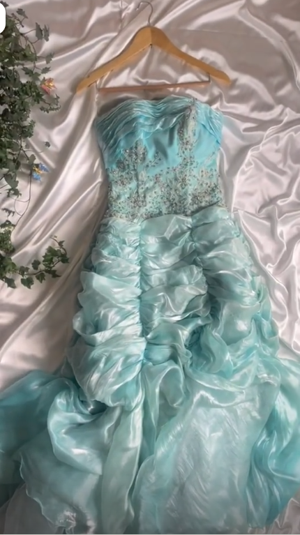 Classy Strapless Blue Tulle Pleated Beaded Mermaid Long Prom Dress Party Gown SP3738