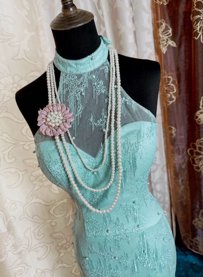 Glamorous Sleeveless Mint Green Lace Beaded Mermaid Long Prom Dress Formal Birthday Evening Gown SP1893