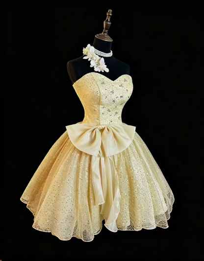 Glitter Champagne Gold Strapless Tulle Sequin Short Homecoming Dress Birthday Outfits With Bow SP2765