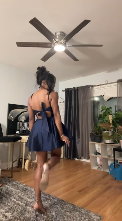 Fashion Spaghetti Straps Satin A Line Mini 16th Birthday Outfits,Navy Blue Short Graduation Homecoming Dress SP2504
