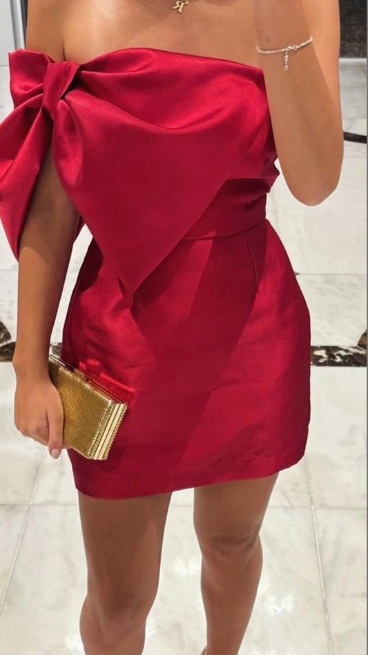 Chic Red Bow Satin Sheath Mini Homecoming Dress Formal 15th Birthday Outfits SP2345