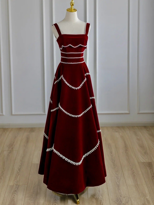 Chic Red Velvet A-line Evening Dress Y4511