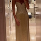 Luxurious Spaghetti Straps Sequin Beaded Tassel Gold Long Evening Dress Prom Gown SP792