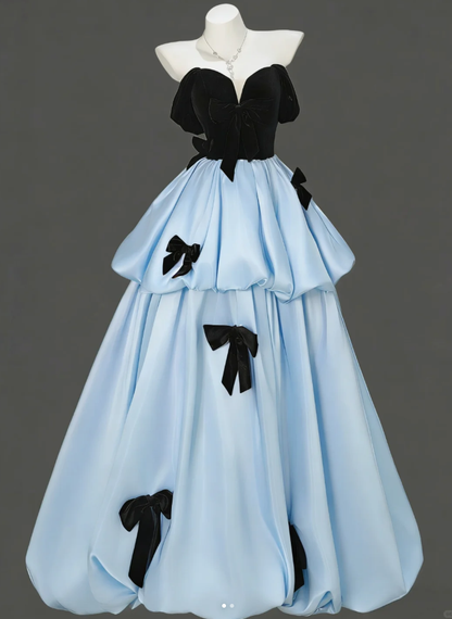 Charming Off The Shoulder Blue Satin Pleated Layered Long Birthday Prom Dress Party Dress With Bow SP1926