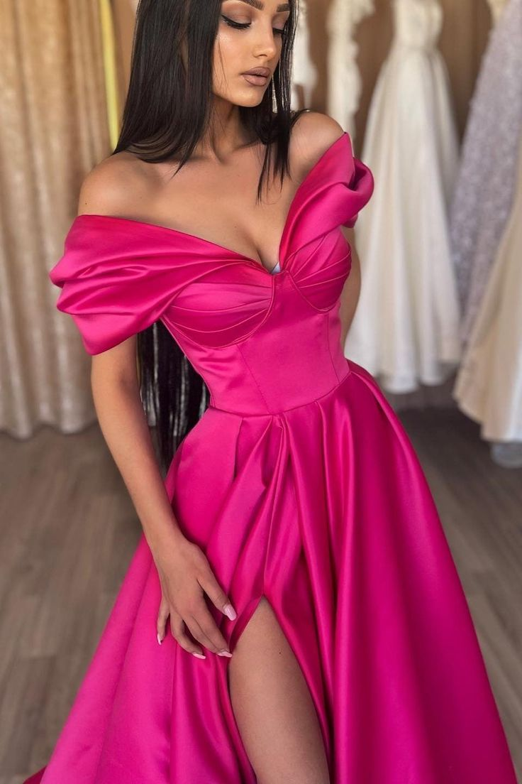 Glamorous Off The Shoulder Split A-Line Prom Dresses Y5485