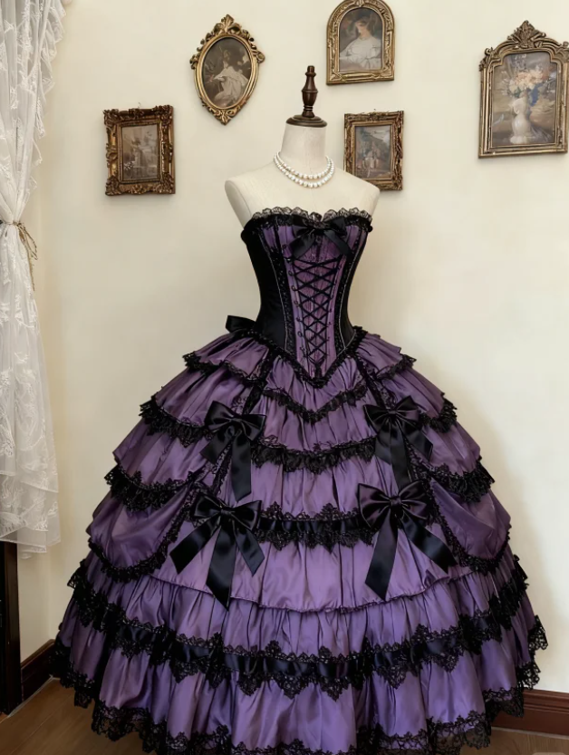 Gorgeous Sweetheart Neck Purple Satin Lace Ball Gown Formal Quinceanera Dress With Bow SP318