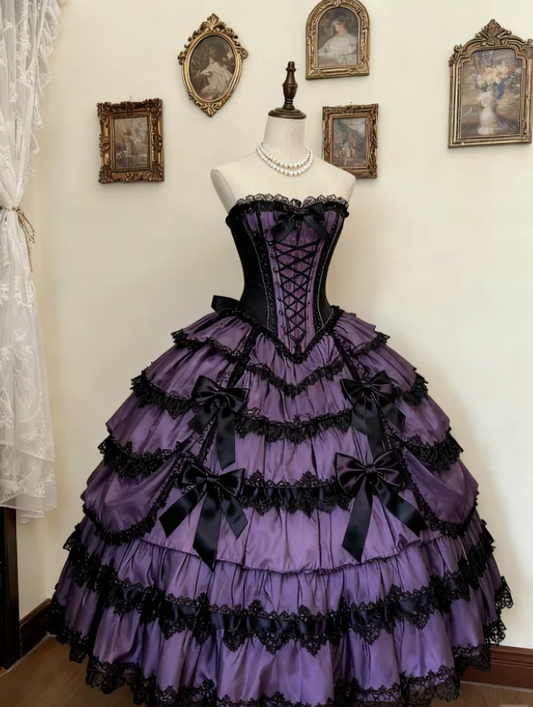 Gorgeous Sweetheart Neck Purple Satin Lace Ball Gown Formal Quinceanera Dress With Bow SP318