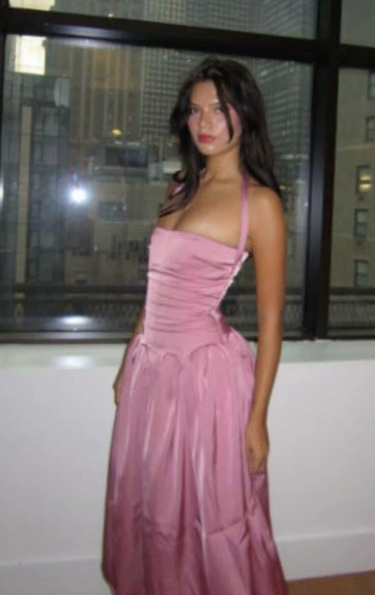 Classy Pink Halter Satin A Line Party Dress Long Wedding Guest Dress SP2666