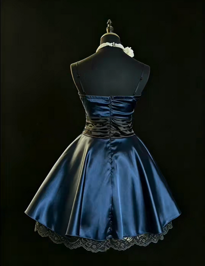 Vintage Spaghetti Straps Navy Blue Satin Lace A Line Short 6th Grade Homecoming Dress,Formal Birthday Outfits With Bow SP2770