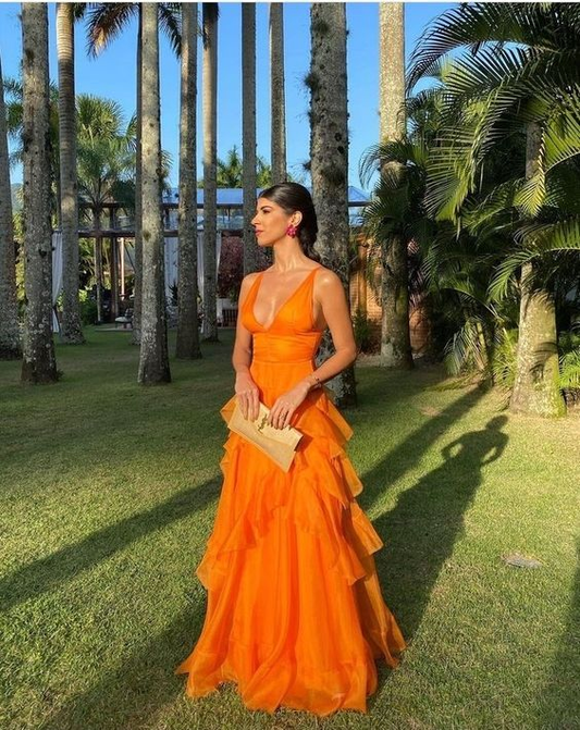 Orange Long Prom Dresses,V Neck Formal Dress Outfits Y2842