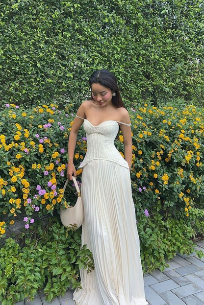 Pretty Blue Lace Satin Pleated Long Birthday Party Dress Spaghetti Straps Long Wedding Guest Dress SP3934