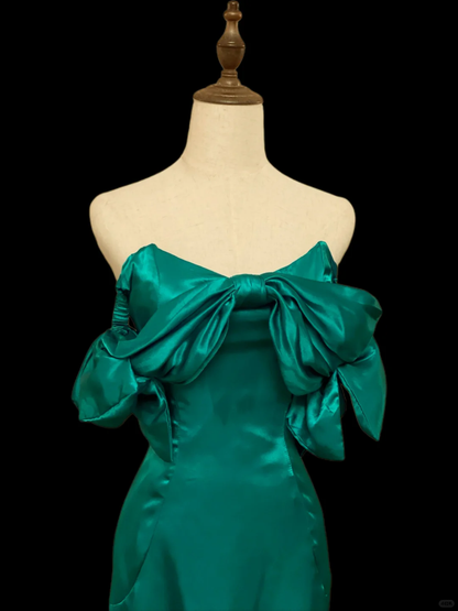 Vintage Bow Off The Shoulder Green Satin Sheath Short Homecoming Dress Birthday Dress SP4083