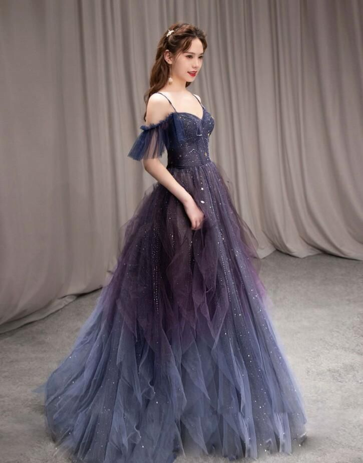 Dark Green Ombre Straps Tulle Layered Long Prom Dress,Green Formal Dress Y4473