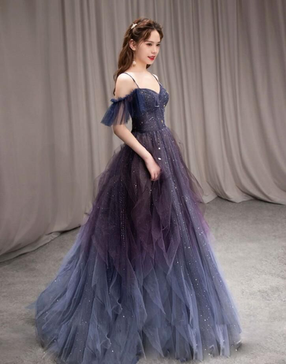 Dark Green Ombre Straps Tulle Layered Long Prom Dress,Green Formal Dress Y4473