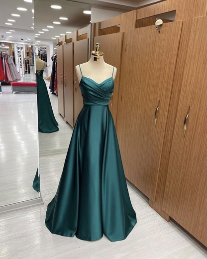 Green Women Satin Cheap Prom Dresses A Line Spaghetti Straps Long Girls Formal Evening Party Gowns Christmas Wears  Y4578