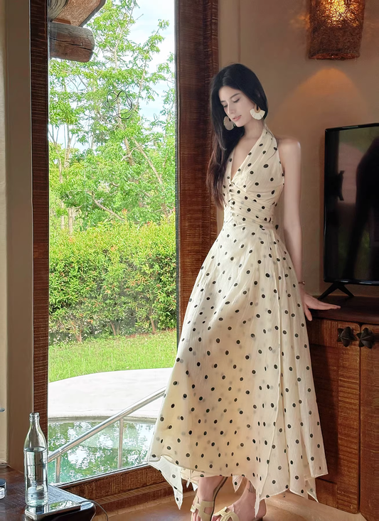 Cute Halter V Neck A Line Polka Dot Prom Dress Long Party Dress SP2003