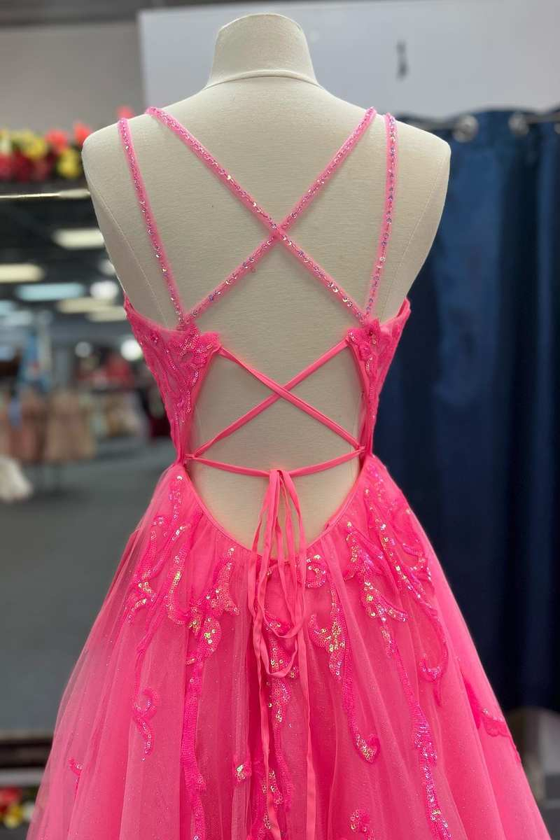 Hot Pink Tulle Appliques Lace-Up A-Line Long Prom Dress Y2791