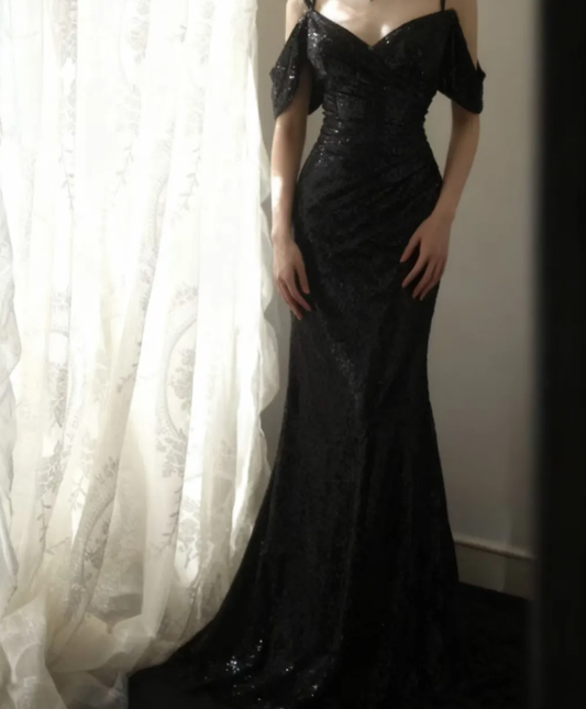 Sparkly Spaghetti Straps Black Sequin Mermaid Long Wedding Guest Dress Evening Gown SP1173