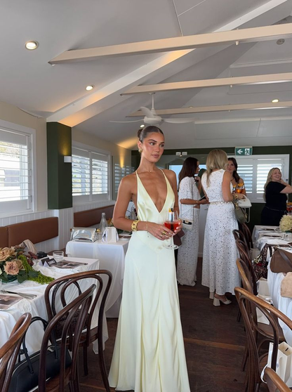 Sexy Halter Deep V Satin Long Wedding Guest Dress Pastel Yellow Mermaid Long Party Dress SP3929